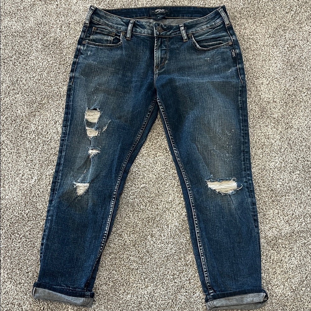 Silver Jeans Dark Blue Distressed Boyfriend Jeans